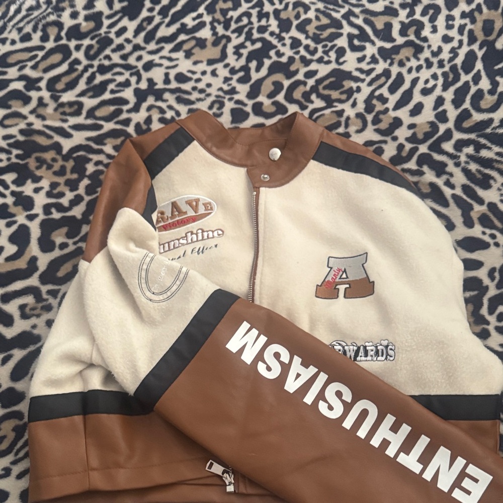 SHEIN Enthusiasm Brown and Cream Leather Jacket